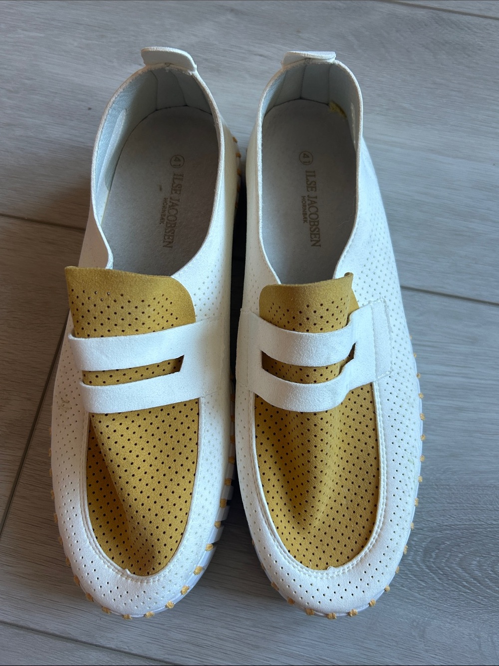Ilse Jacobsen White and Mustard Perforated Slip-On Loafers